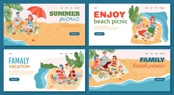 Summer picnic and family vacation banners with people flat vector illustration.