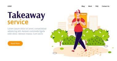 Takeaway food delivery service banner with courier man with backpack vector Takeaway food delivery service banner with courier man with backpack vector