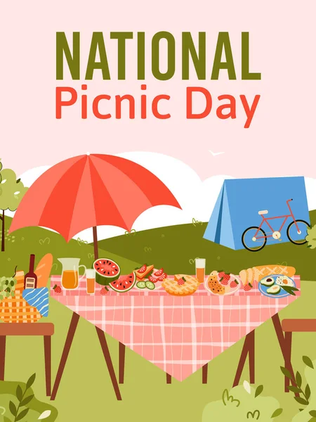 National Picnic Day poster with garden furniture cartoon vector illustration.