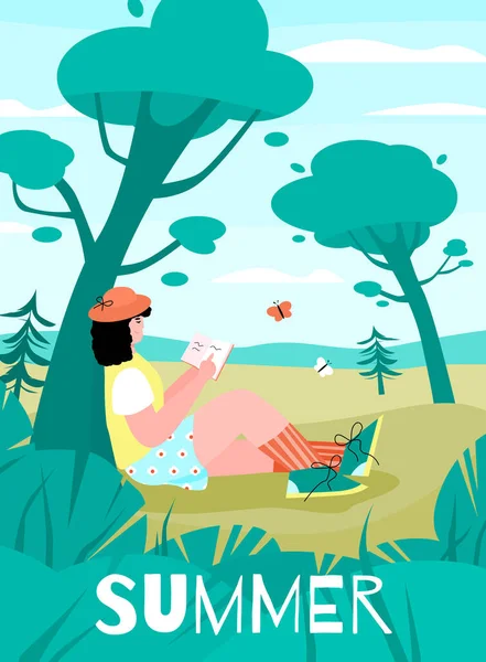 Vector poster of a young woman relaxing on a summer day in nature. Royalty Free Stock Illustrations