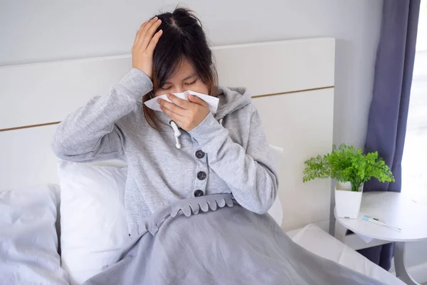 Las Mujeres Asiáticas Con Mareos Sufren Alergias Cubren Nariz Con — Foto de Stock