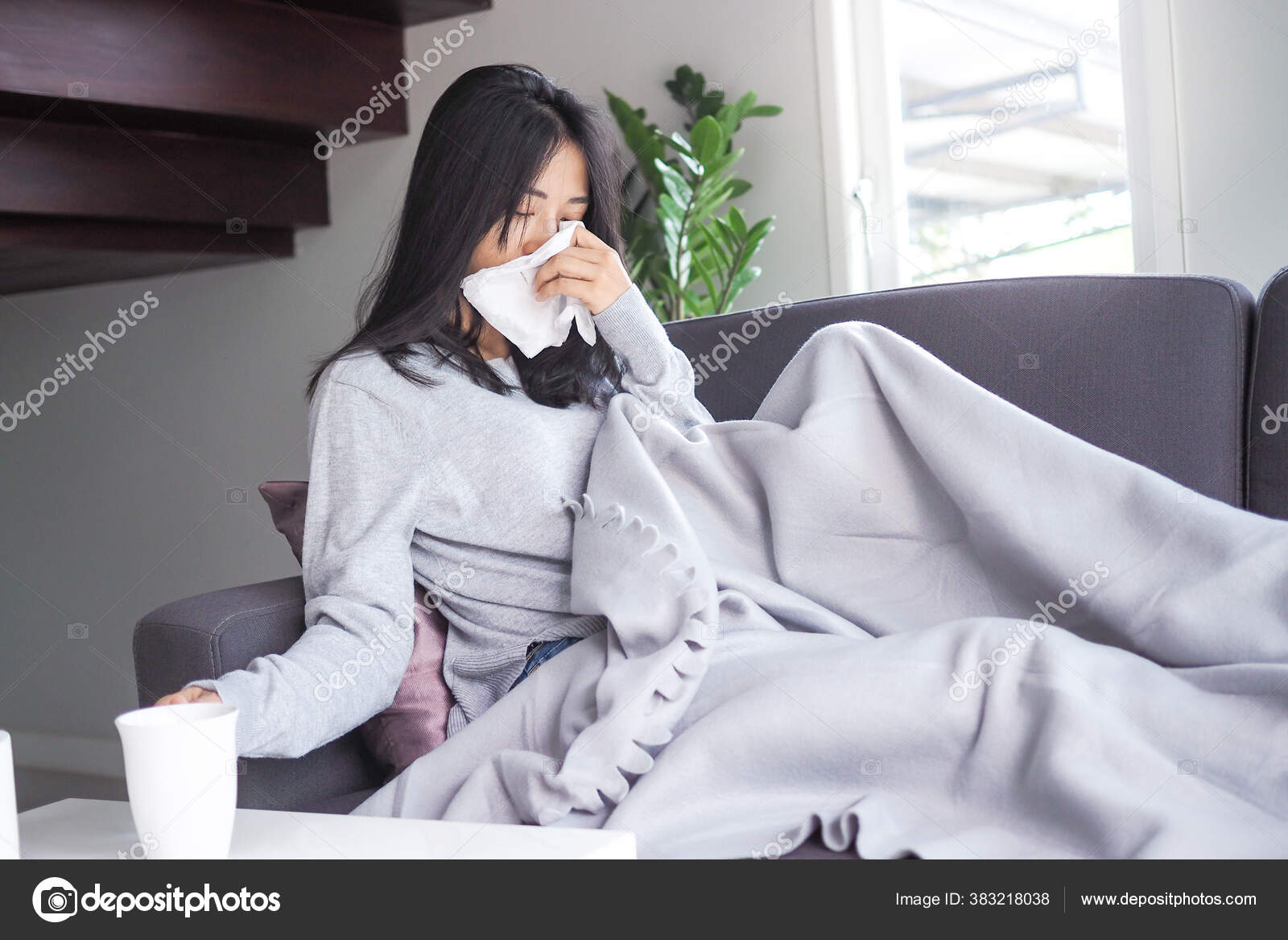 Sick Woman Headache Sitting Blanket Coughing Sneezing Seasonal