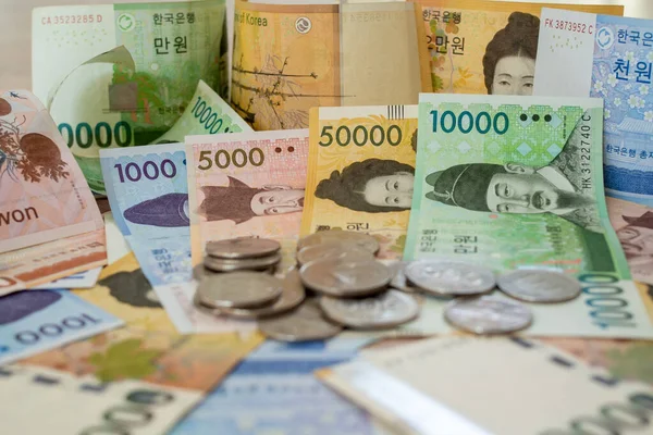 Billete Won Coreanos Monedas Won Coreanos Para Conceptos Imagen Fondo — Foto de Stock