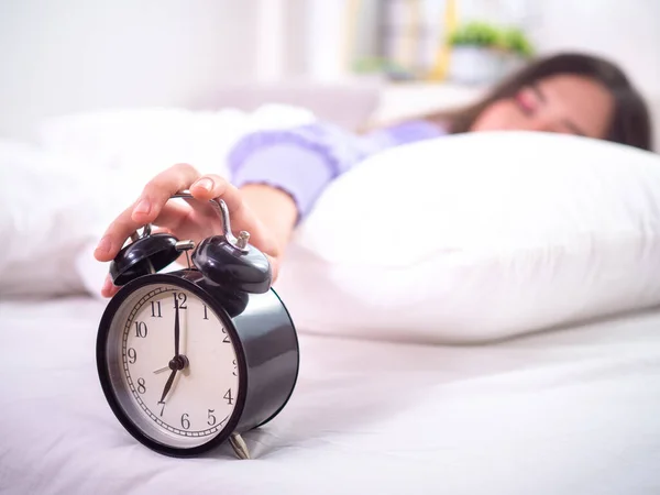 Sleepy Girl Bed Eyes Closed Reach Out Alarm Clock Home — Stock Photo, Image