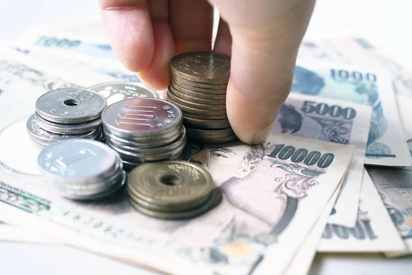 Japońskie Banknoty Jenów Japońskie Monety Jenów Tle Koncepcji Pieniędzy — Zdjęcie stockowe