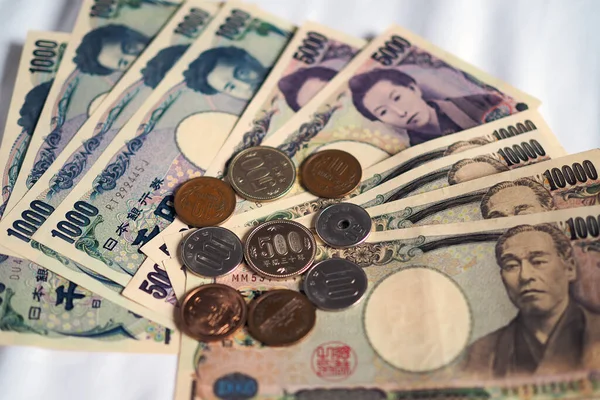 Billets Yens Japonais Pièces Yens Japonais Pour Argent Concept Fond — Photo