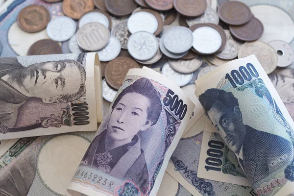 Billetes Yen Japoneses Monedas Yen Japonesas Para Fondo Del Concepto — Foto de Stock