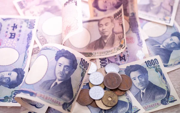 Banconote Yen Giapponesi Monete Yen Giapponesi Immagine Sfondo Concetto Luce — Foto Stock