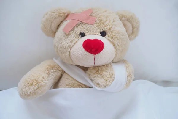Teddy Bear Wound Dress Wound Broken Hands Sleeping Bed Sickness Stock Picture