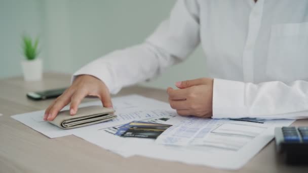 Female Employee Opens Wallet Check Spending Money End Month Woman — Vídeos de Stock