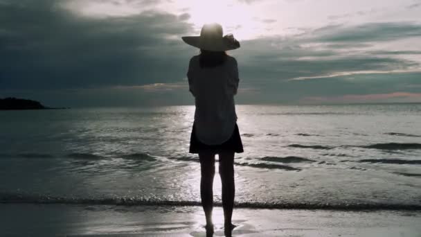 Kobiety Stoją Same Plaży Smutna Rozczarowana Kobieta Stojąca Nad Morzem — Wideo stockowe