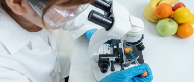 Scientist check chemical food residues in laboratory. Control experts inspect quality of fruits, vegetables. lab, hazards, ROHs, find prohibited substances, contaminate, Microscope, Microbiologist