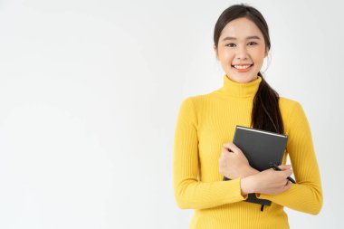 ilham, yazar, yaratıcı, hayal gücü, portre güzel Asya çekici genç kadın not defterine fikirler yazıyor, liste yapmak için, iyi düşünce işi, gazeteci, stil, rüya görüntüsü, rela