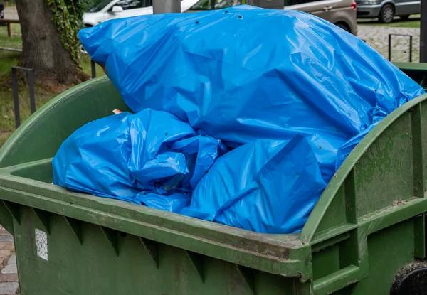 Niebieski Pojemnik Śmieci Zielony — Zdjęcie stockowe