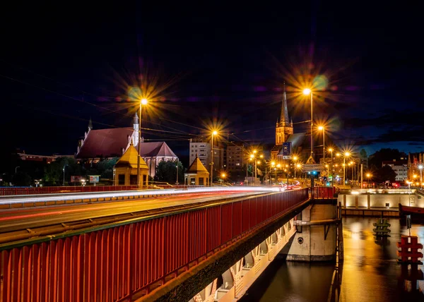 Vista Nocturna Szczecin Con Tráfico —  Fotos de Stock