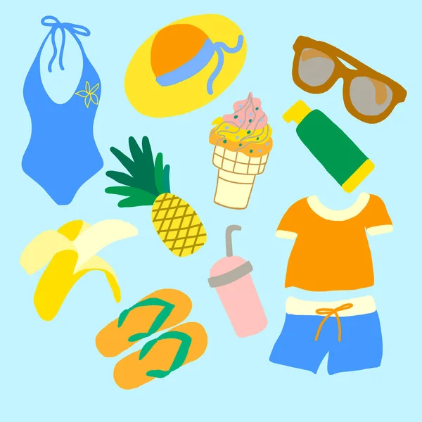 Conjunto de cosas de playa y frutas sobre fondo azul — Vector de stock