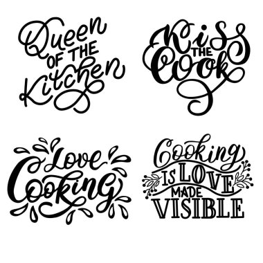 Mutfakla ilgili motivasyon cümleleri. Beyaz arkaplandaki vektör grafikleri, kartpostalların, posterlerin, afişlerin, t-shirtlerin, kupaların, sırt çantalarının, kapakların, ambalaj kağıdının tasarımı için
