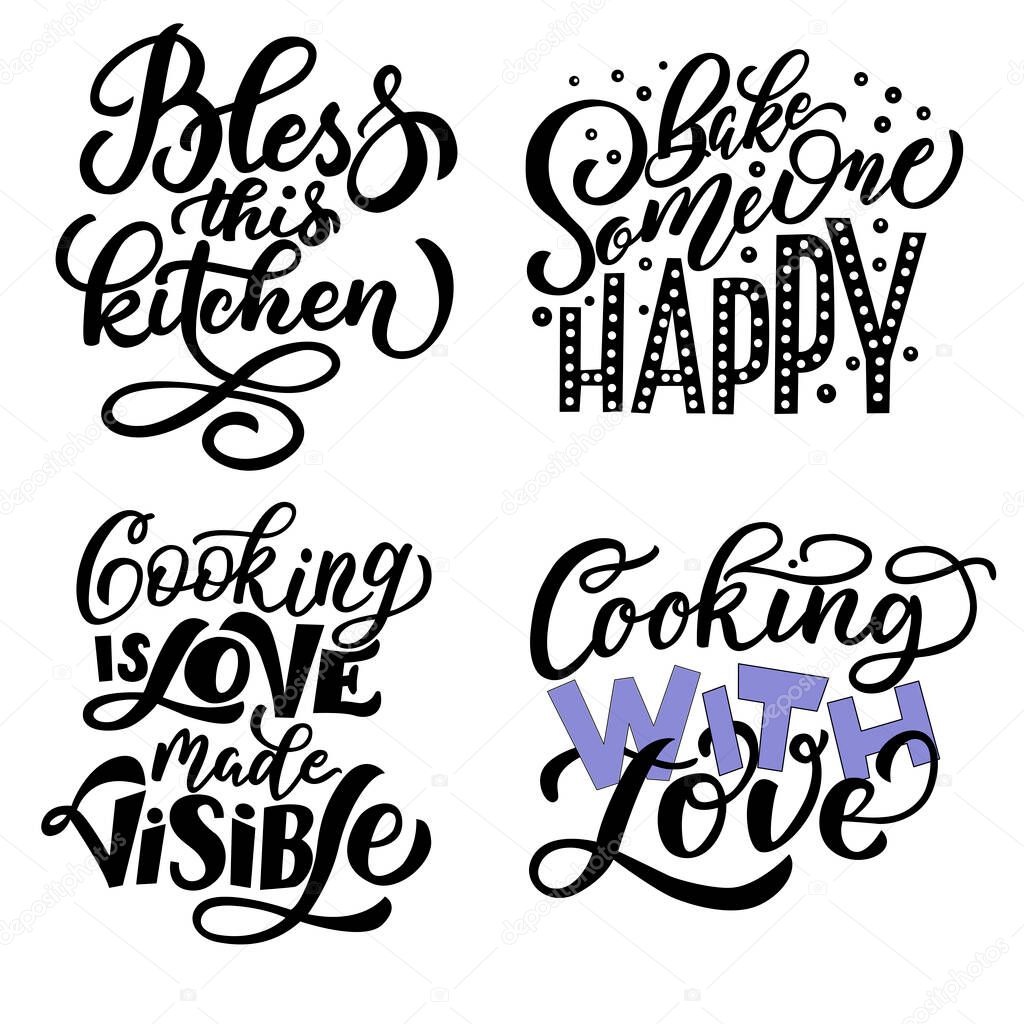 A set of motivational phrases about kitchen. Vector graphics on a white background, for the design of postcards, posters, banners, prints for t-shirts, mugs, backpacks, covers, wrappig paper