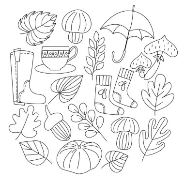 Sonbahar yaprakları, mantarlar, şemsiye, çoraplar ve botlar. Kartların tasarımı için beyaz arkaplanda vektör grafikleri, yastıklar, paketler, kapaklar, ambalaj kağıtları
