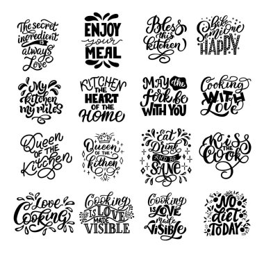 Mutfakla ilgili cümlelerden bir dizi harf. Beyaz arkaplanda izole edilmiş vektör monokrom grafikleri. Posterlerin, çıkartmaların, kupaların, tabakların, ambalaj kağıtlarının, çantaların tasarımı için.