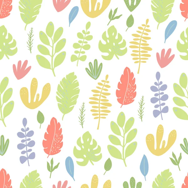 Seamless pattern of colorful leaves on a white background in vector graphics. For decorating wrapping paper, textiles, covers, prints for pillows, bed linen, tablecloths — Stock Vector