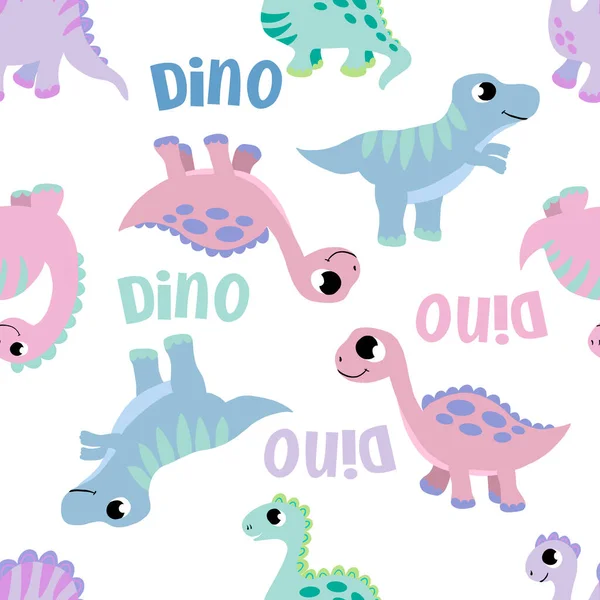 Beyaz arka planda, şirin, pembe, mavi, yeşil dinazorlar ve kelime-dino imajı olan kusursuz bir şekil. Çocuk kıyafetleri, defter kapakları, tekstil baskıları için.