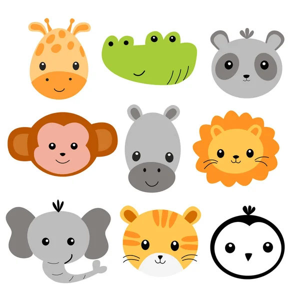 Imagem com um conjunto de rostos de animais bonitos — Vetor de Stock
