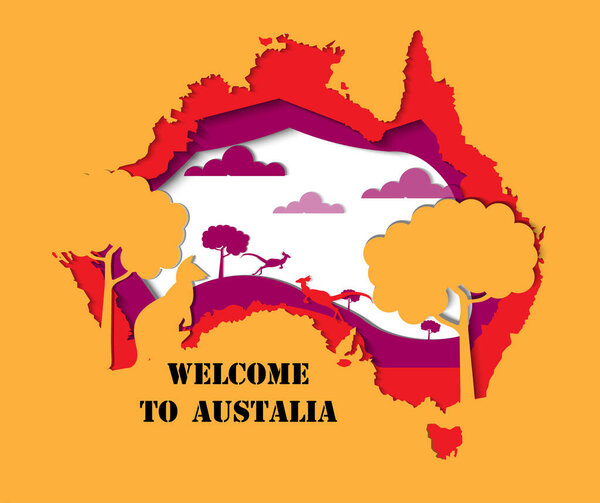 Paper art of Welcome to Australia. Australia is the habitat of kangaroos. Red kangaroos are the largest marsupial animals in the world today. 