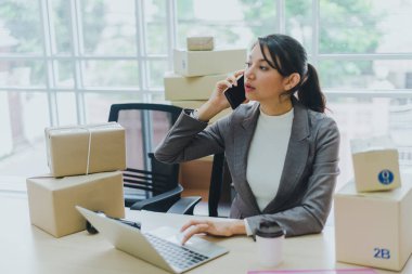 Evde çalışan güzel bir iş kadını müşterilerine not defterinden teslim edilecek ürünler için siparişleri kontrol ediyor..