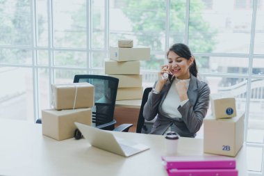 Evde çalışan güzel bir iş kadını müşterilerine not defterinden teslim edilecek ürünler için siparişleri kontrol ediyor..