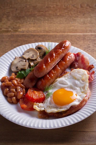Úplné Anglické Irské Snídaně Dřevěný Stůl Výživná Zdravá Ranní Jídlo — Stock fotografie