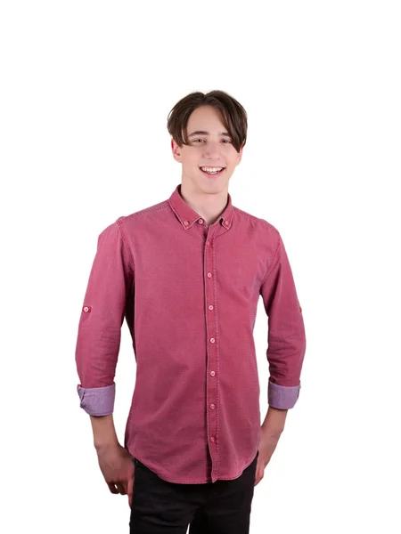 Jovem Olhar Para Câmara Sorrir Retrato Adolescente Camisa Isolado Fundo — Fotografia de Stock