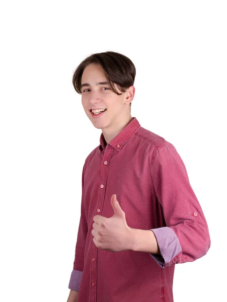 Jovem Gesticulando Sinal Adolescente Camisa Isolado Fundo Branco — Fotografia de Stock