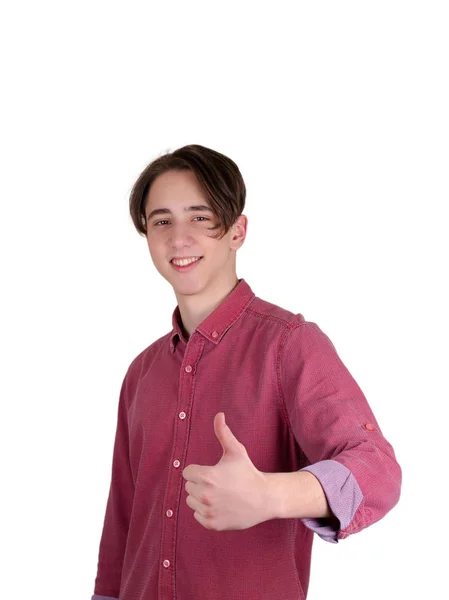 Feliz Adolescente Gesto Signo Sonriendo Estudiante Con Camisa Roja Aislado —  Fotos de Stock