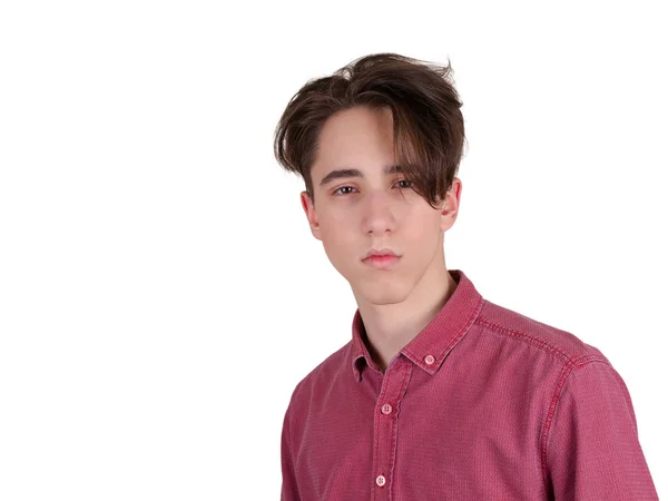 Przystojny Chłopak Teen Patrząc Kamery Nastolatek Koszuli Białym Tle Portret — Zdjęcie stockowe