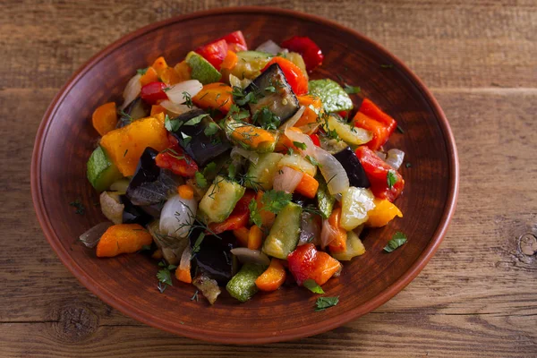 Vegetable Stew Eggplant Pepper Tomato Zucchini Carrot Onion Stewed Vegetables — Stock Photo, Image