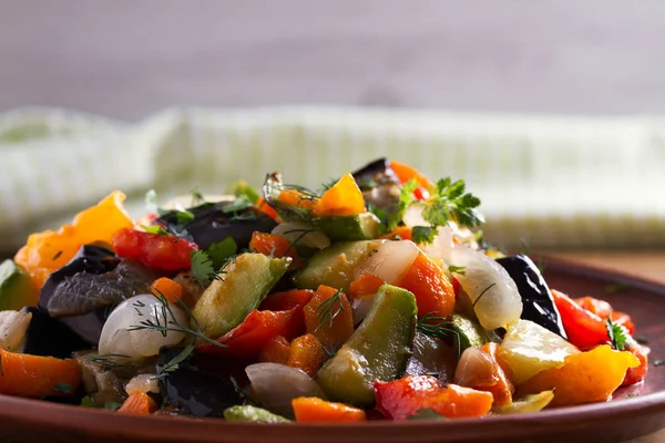 Vegetable stew: eggplant, pepper, tomato, zucchini, carrot and onion. Stewed vegetables