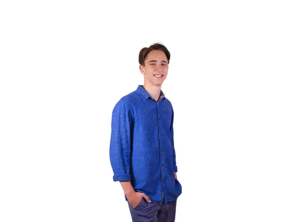 Młody Człowiek Patrząc Kamery Uśmiechając Się Teen Boy Blue Jeans — Zdjęcie stockowe