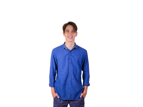 Joven Mirando Cámara Sonriendo Retrato Adolescente Con Camisa Vaquera Azul — Foto de Stock