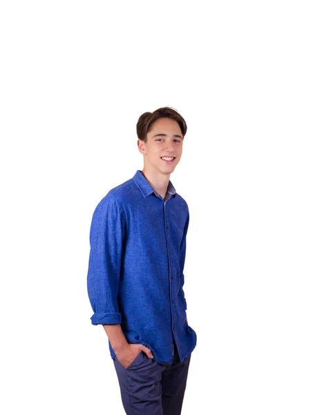 Giovanotto Che Guarda Telecamera Sorride Ritratto Adolescente Camicia Blu Jeans — Foto Stock