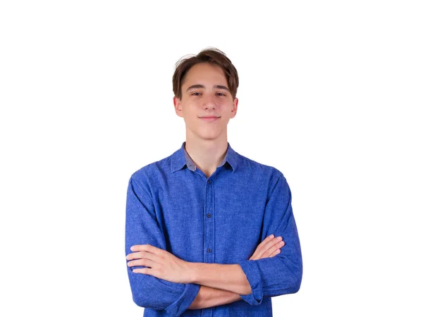 Joven Mirando Cámara Sonriendo Retrato Adolescente Con Camisa Vaquera Azul —  Fotos de Stock