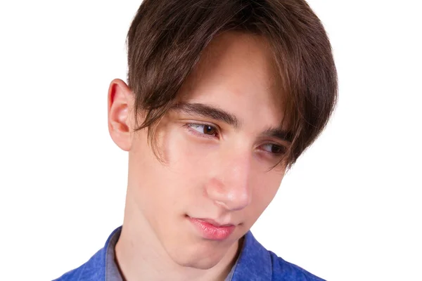 Jovem Bonito Closeup Retrato Adolescente Menino Camisa Jeans Azul Isolado — Fotografia de Stock
