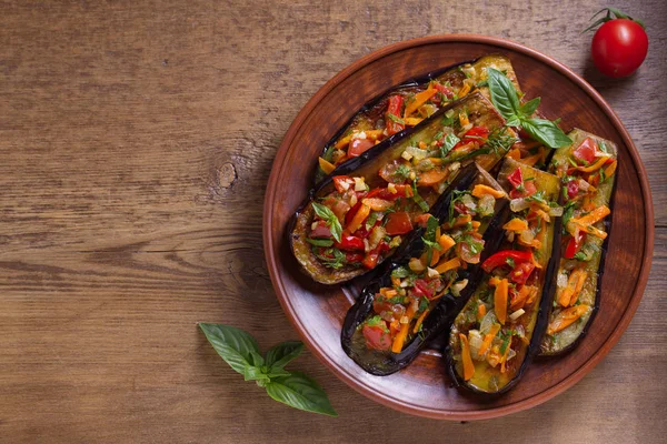 Pan Fried Eggplants Tomatoes Paprika Carrot Onion Garlic View Top — Stock Photo, Image