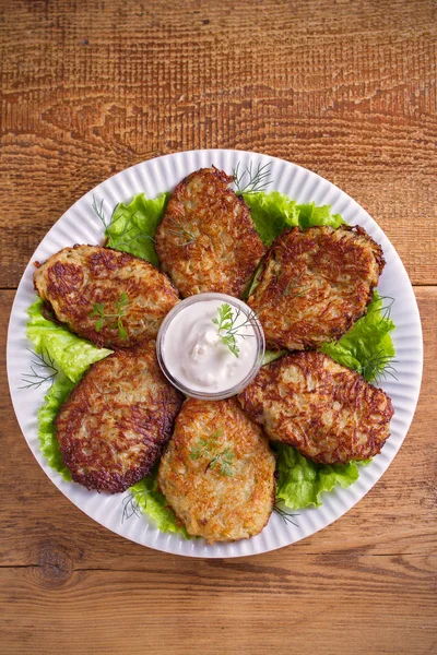 Kartoffelfritters Latkes Draniki Hasch Browns Beliebte Gerichte Vielen Ländern Gemüsepfannkuchen — Stockfoto