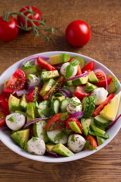 Avocado Tomato Cucumber Salad Mozzarella Cheese — Stock Photo, Image