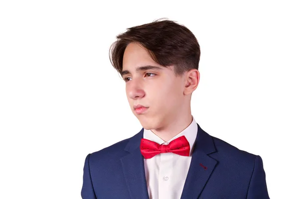 Portrait Elegant Young Man Suit Bow Tie Isolated White Background — Stok Foto