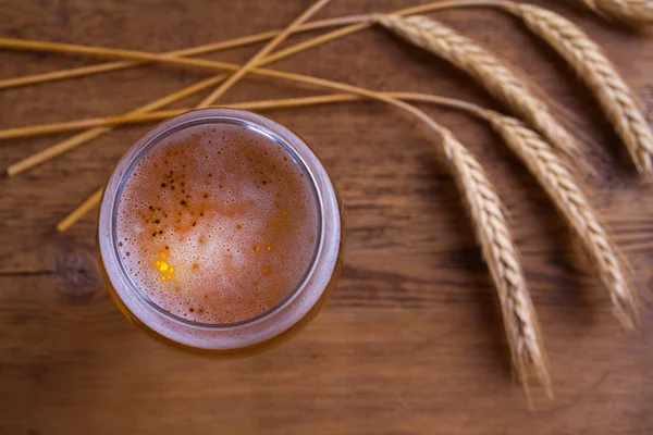 Glass Beer Ears Barley Wooden Table Ale View Top Studio — Stock Photo, Image