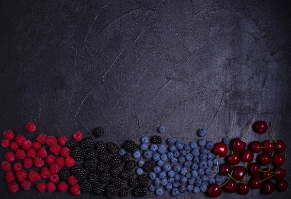 Various Fresh Summer Berries Mix Fruits Berries Black Background Fruit — Stock Photo, Image