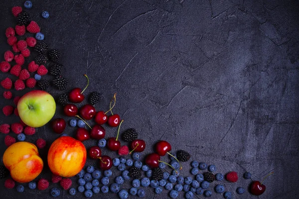 Various Fresh Summer Berries Mix Fruits Berries Black Background Fruit — Stock Photo, Image