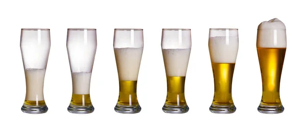 Étapes Remplissage Verre Bière Isolé Sur Fond Blanc Ensemble Verres Images De Stock Libres De Droits